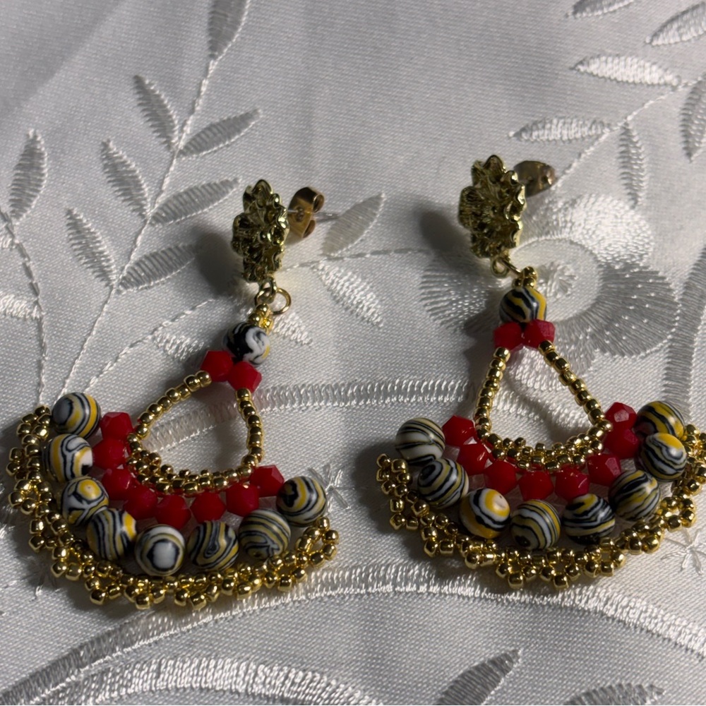 Handmade Malachite earrings yellow black white with red and gold accents 2.5 in.